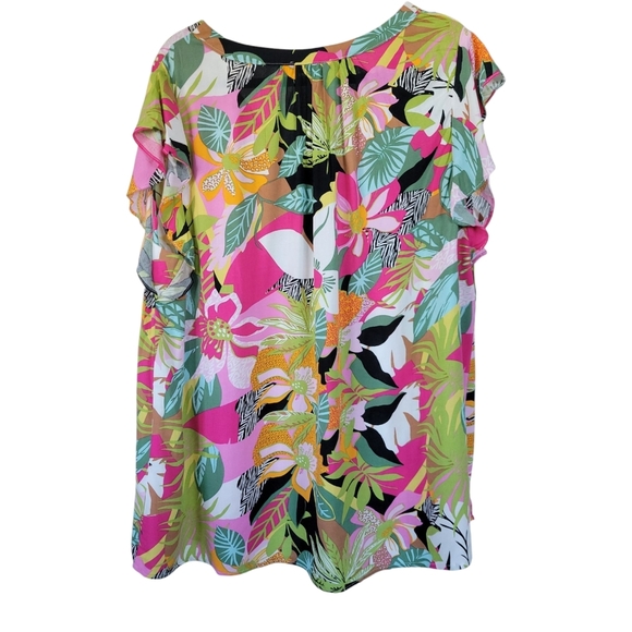 NWOT RACHEL Rachel Roy 2X Flutter Cap Sleeve Tropical Floral Tunic Pink Green - Picture 2 of 12